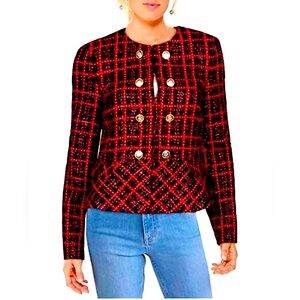 Tahari Red black plaid tweed Double Breasted Jacket gold buttons 12 peplum